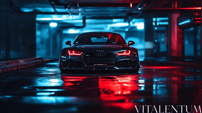 Sleek sports car glows in dramatic red and blue city lights