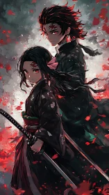 Twin demon slayers amid crimson storm of falling petals.