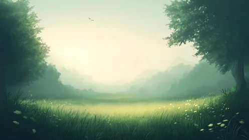 Sunlit mist over forest meadow rendered in soft digital light