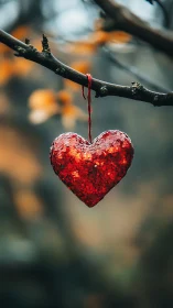 Red Glitter Heart Hanging from Branch.
