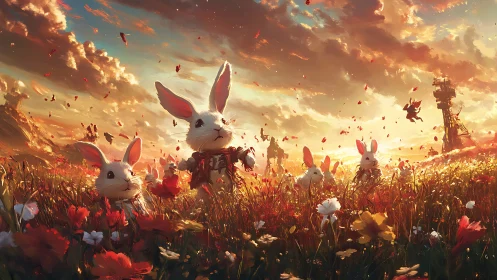 Sunlit rabbit scouts in flower field with distant mecha towers