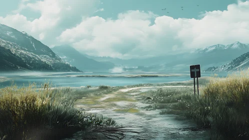 High-latitude lakeside track extends toward misted alpine basin