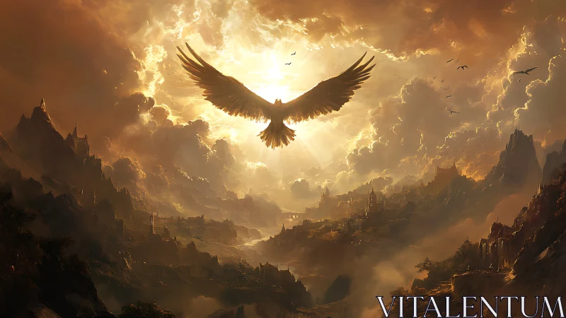 Sun-forged phoenix sweeps over stormlit valley kingdom