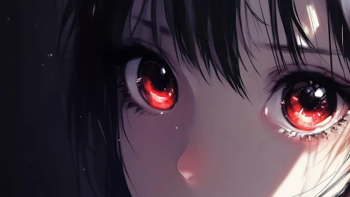 Close anime portrait of girl with red reflective eyes in dark.