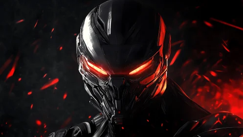 Armored cybernetic warrior glares through burning red visor