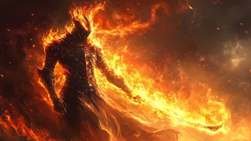 Flaming warrior strides through swirling inferno with blazing blade