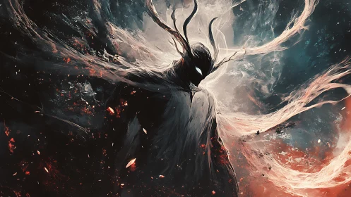 Shadowed horned figure in swirling abstract energy field.