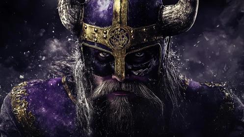Storm-eyed Viking warlord in burning royal violet armor.