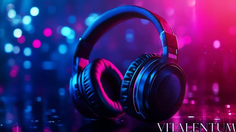 Neon-bathed over-ear headphones in chromatic bokeh field.
