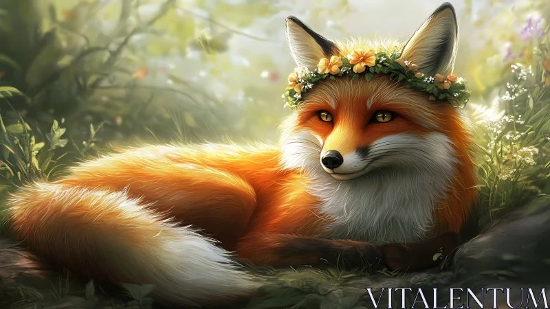 Gentle fox rests in sunlight wearing a soft flower crown