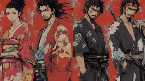 Samurai quartet character lineup in stylized anime ink rendering.