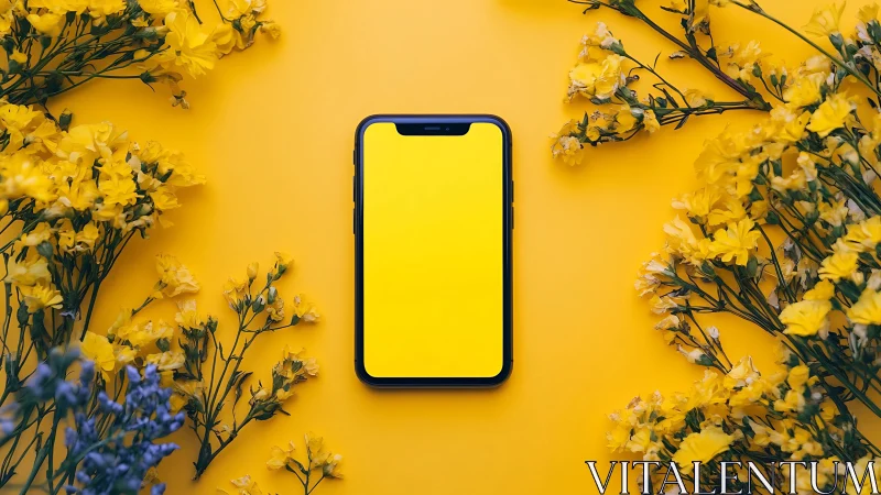 Smartphone blooms amid golden petals.