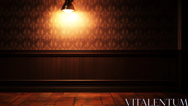 Warm pendant light glows above patterned vintage wall.