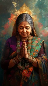 Elder Indian woman in prayerful namaste pose, ornate sari.