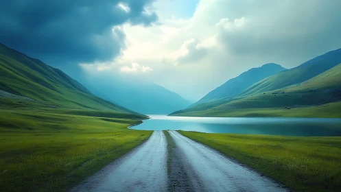 Gravel road leads between green hills toward reflective lake