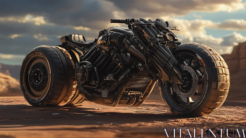 Futuristic black combat motorcycle in desert sunset light.