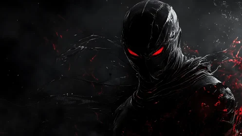 Shadow wraith with burning red eyes in swirling darkness.