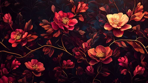 Digital rendering of botanical arrangement with red and orange flowers on dark background.