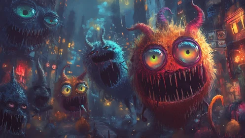 Neon fanged monsters flood night city with feral energy.