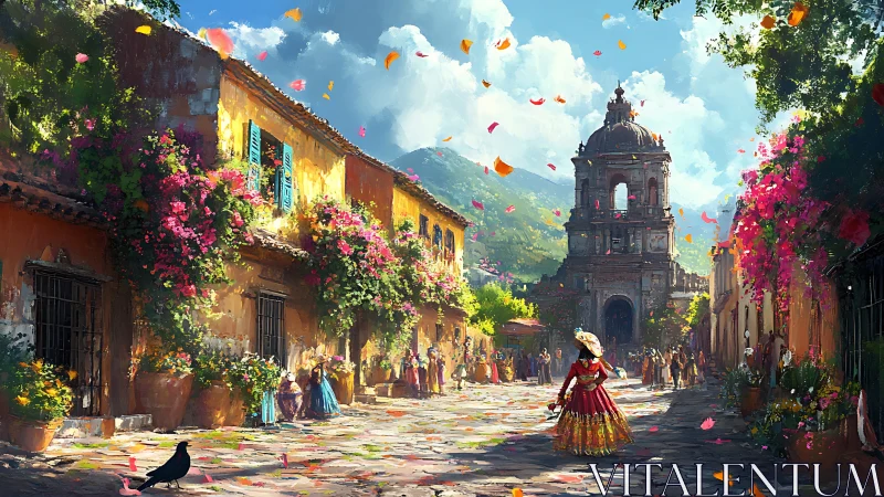 Colorful colonial street festival under mountain sunlight.