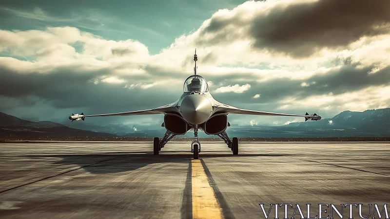 Supersonic fighter jet aligned on runway centerline under dynamic clouds