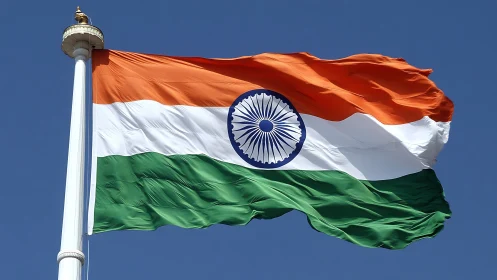 Indian national flag waves on flagpole against clear sky
