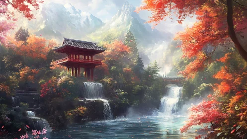 Scarlet pagoda dreaming above misty mountain waterfalls.