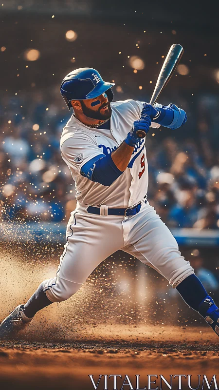 Intense baseball batter swinging through flying infield dirt.