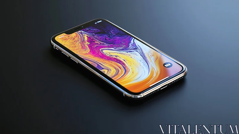 Premium smartphone with vibrant liquid-swirl wallpaper display and polished metallic frame.