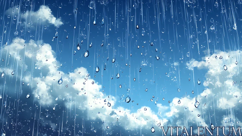 Rainfall against bright blue sky and scattered clouds.