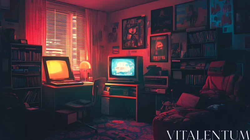 Retro neon gaming den with vintage CRT monitors glowing.