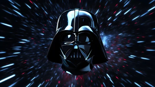 Darth Vader helmet in hyperspace, digital sci-fi art style.