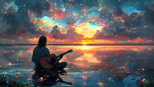Digital painting of guitarist at reflective sunset shoreline.