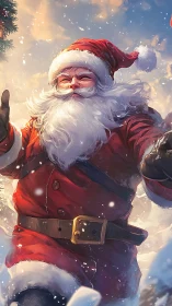 Digital painting of dynamic Santa Claus in snowy perspective.