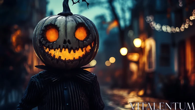 Pumpkin headed figure stalks moody Halloween street at dusk.