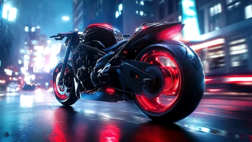 Futuristic street motorcycle on wet neon city roadway.