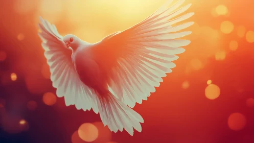 White dove in radiant backlight with warm bokeh glow.