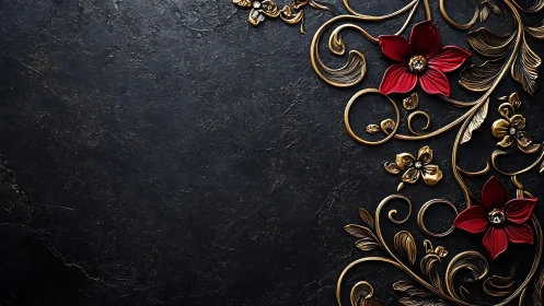 Dark Surface with Gold Scrollwork and Red Floral Elements