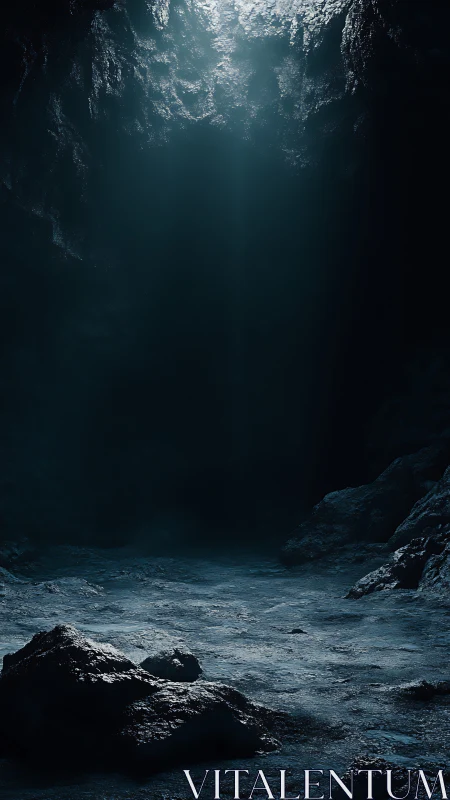 Cold cavern floor under narrow shaft of pale overhead light