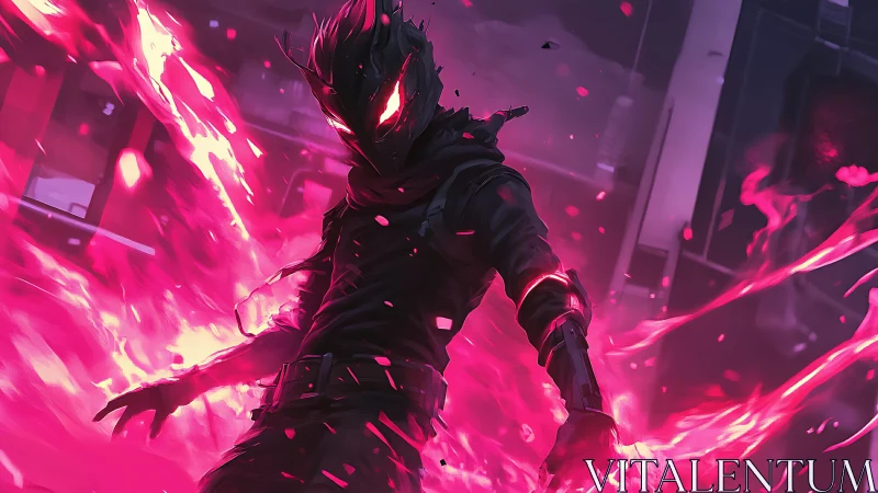 Neon inferno dances around a masked rogue in mid-strike