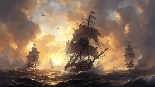 Sunlit tall ships catching golden wind over rolling seas.