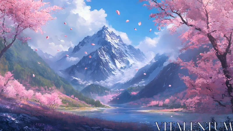 Mountain valley landscape shows snow peaks and pink blossoms