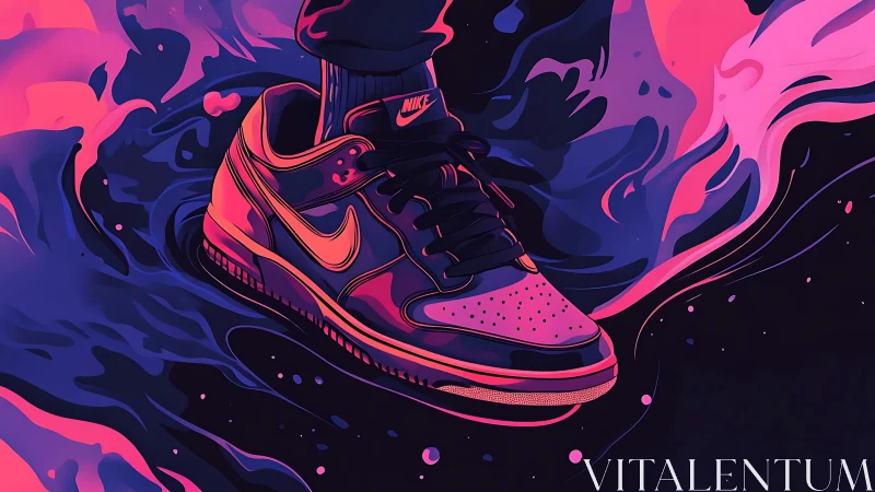 Neon-lit Nike sneaker in fluid magenta and cyan vapor field.