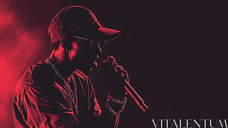 Silhouetted hip hop vocalist commands stage in red haze