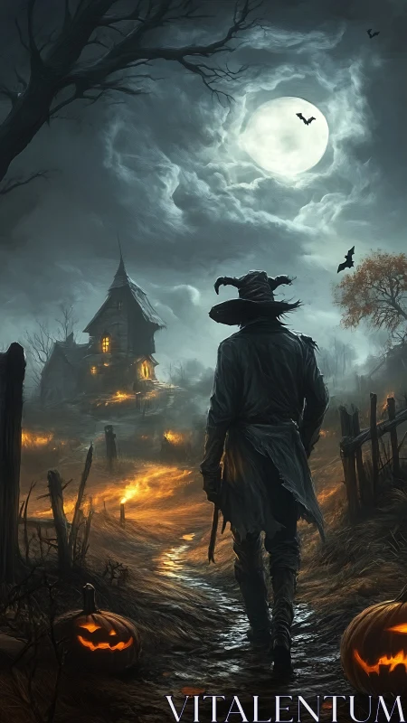 Lone figure approaches haunted cottage under dramatic moonlit sky