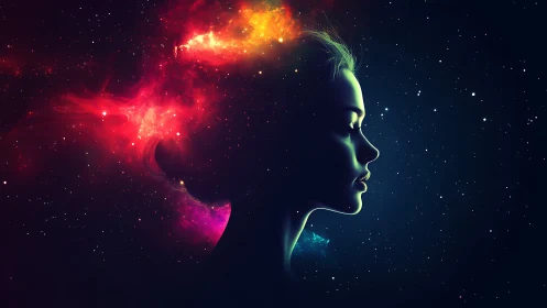 Nebular color fields integrate with silhouetted female profile in space