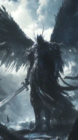 Dark winged knight pauses calmly on a stormlit battlefield