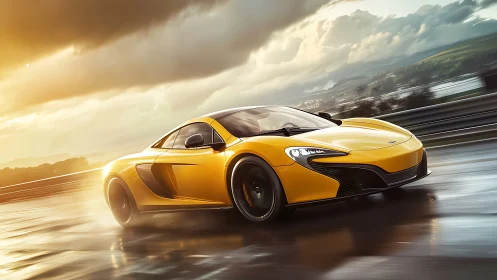Golden supercar glides across wet asphalt under stormy skies