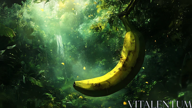Giant yellow banana hanging in a dense lush jungle forest.