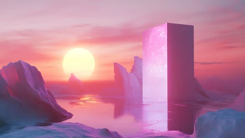 Digital painting of glacial monolith in neon sunset glow.